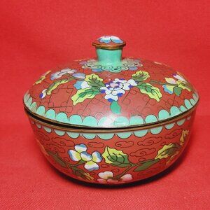 Vintage Cloisonné Brass Bowl With Lid Covered Red Dish